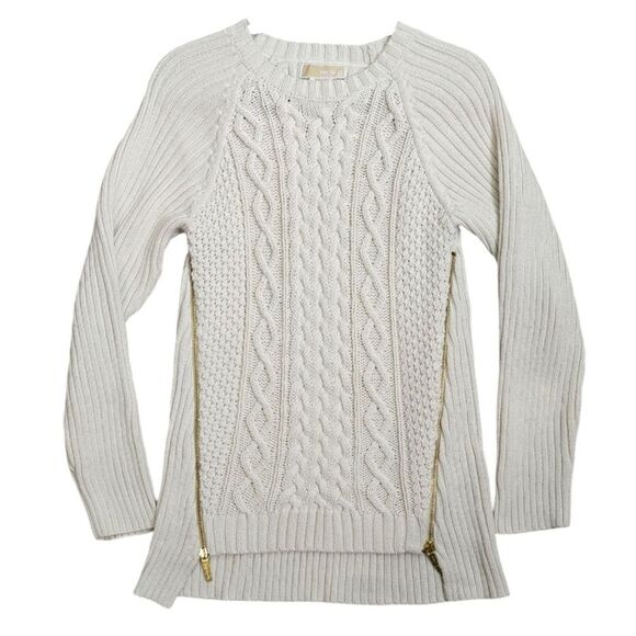 NWOT Michael Kors Ivory Cream Cable Knit Sweater with Gold Zippers Size L - Picture 3 of 9